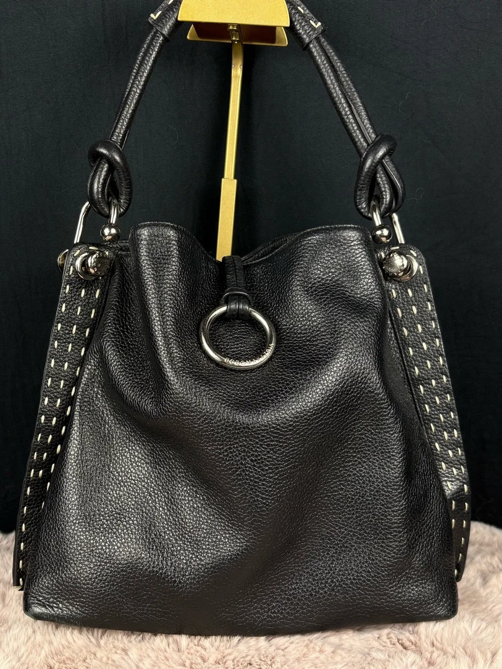 BCBGMAXAZRIA Black Pebbled Leather Hobo Bag Whipstitch Vintage
